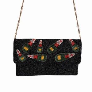 Mary Frances Womens Black Glass Beaded Champagne Bottle Foldover Clutch Purse
